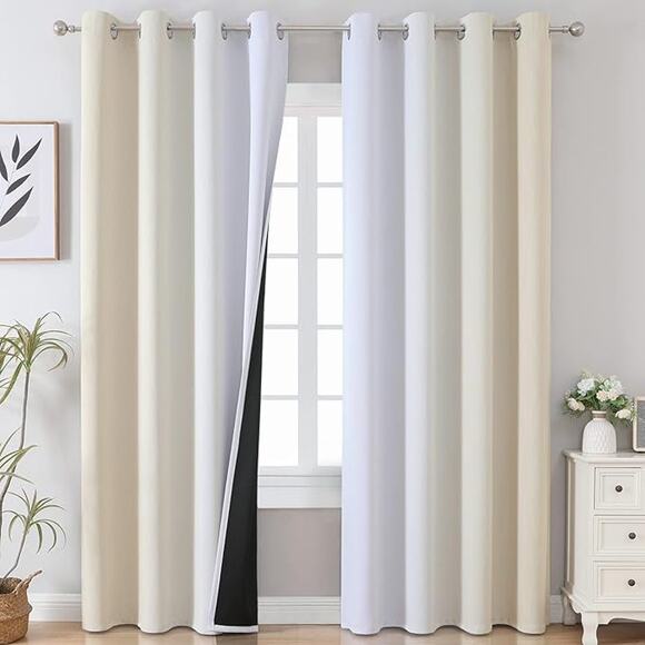 Ombre Beige Greyish White Blackout Curtains Grommet 52Wx84L 2 Panels Bedroom - Picture 1 of 7